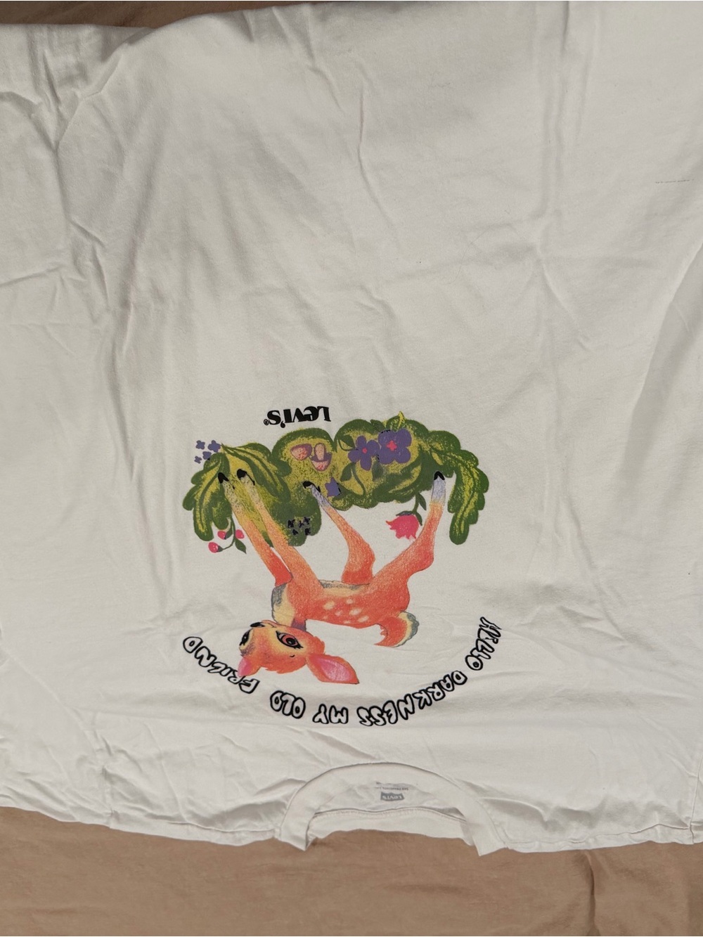Levi's White Tee with Orange Deer and Green Foliage Graphic
